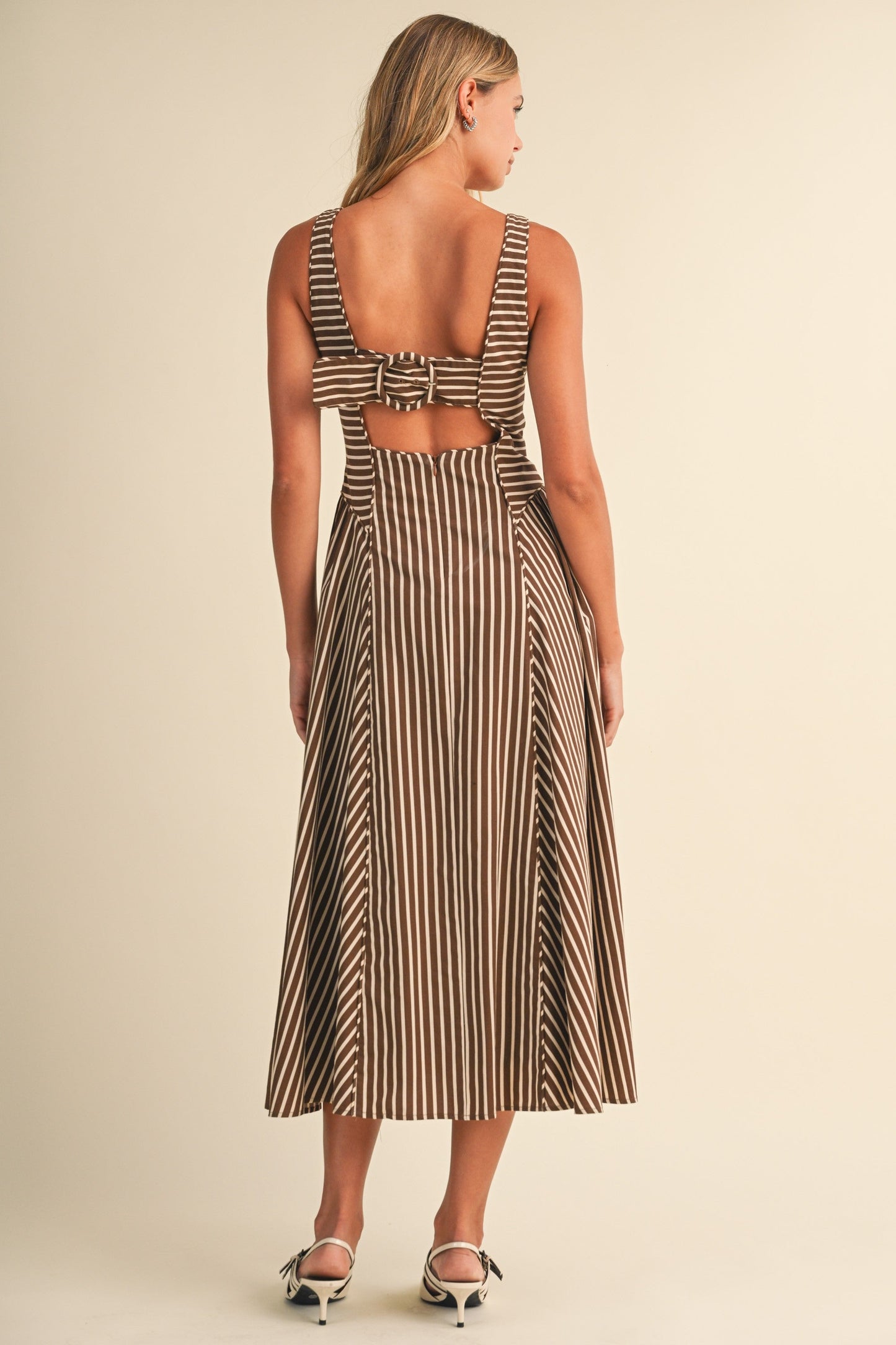 Waitlist 7/8 • Britton Sleeveless Large Back Buckle Stripe Print Midi Dress Brown