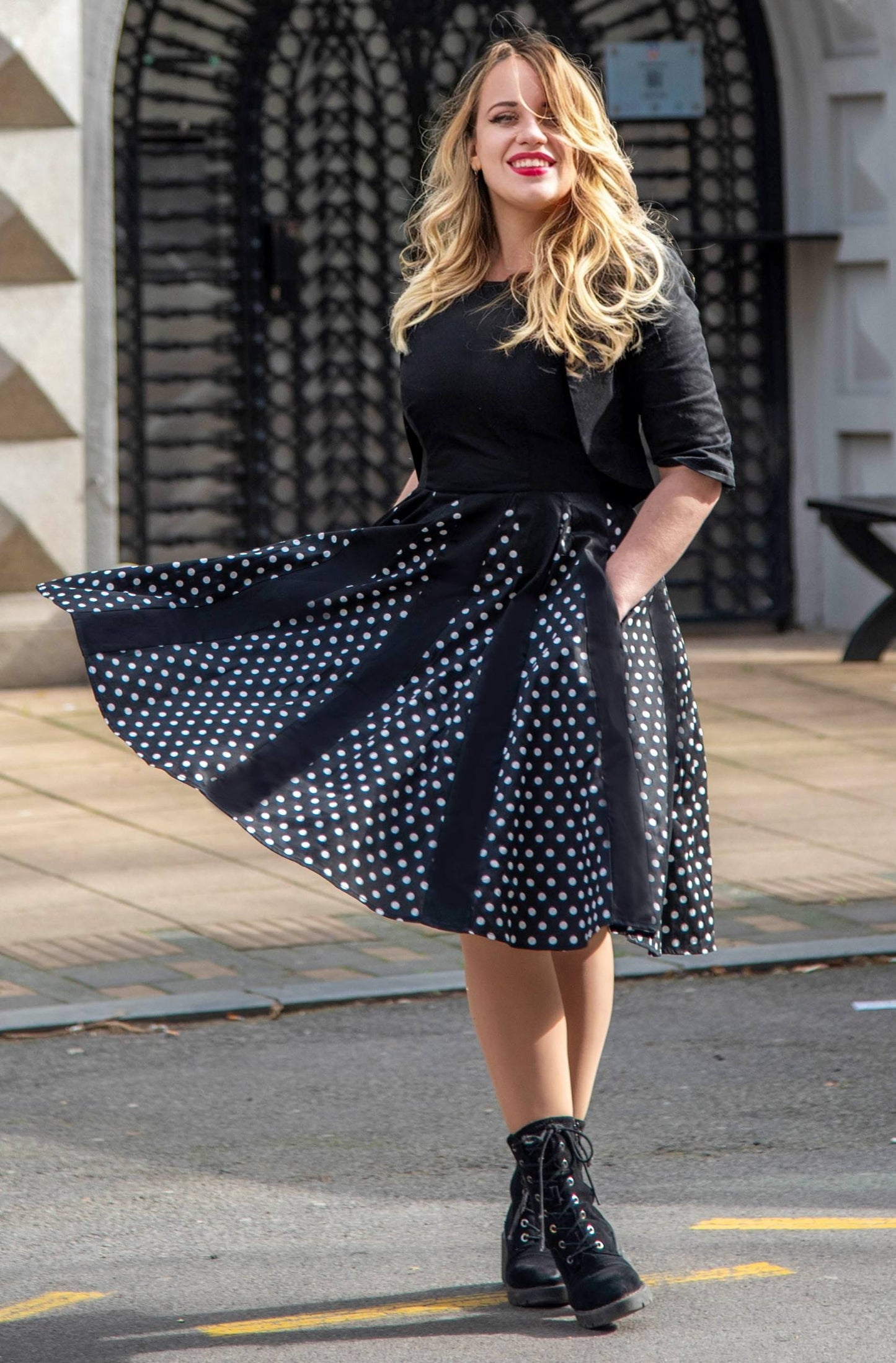 Judith Retro Pleated Black Dress With Polka Dots