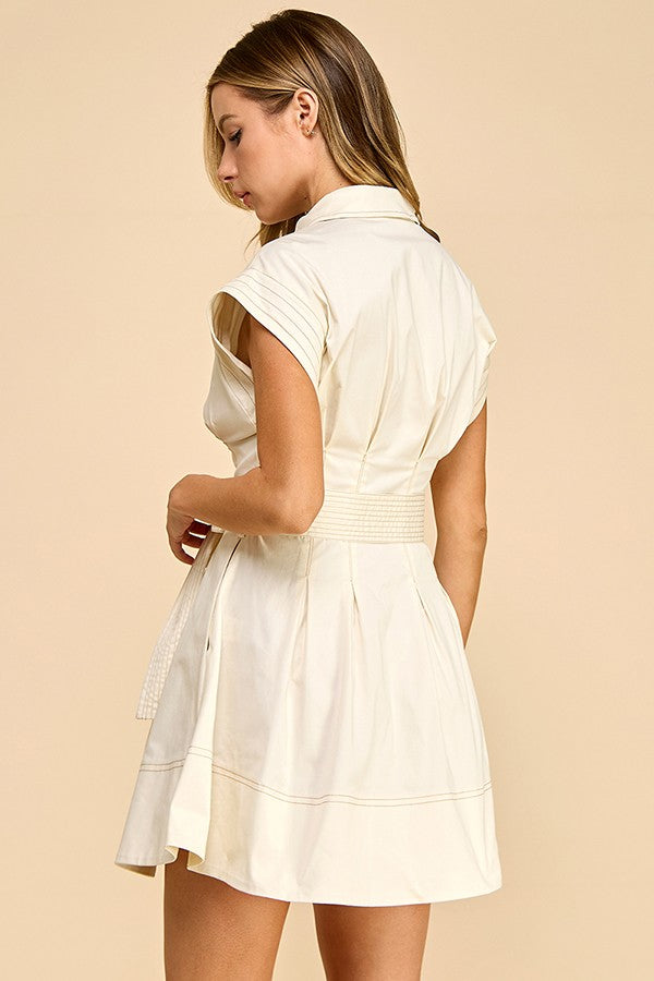 Rayna Sleeveless Contrast Stitch Zip Up Mini Dress Cream
