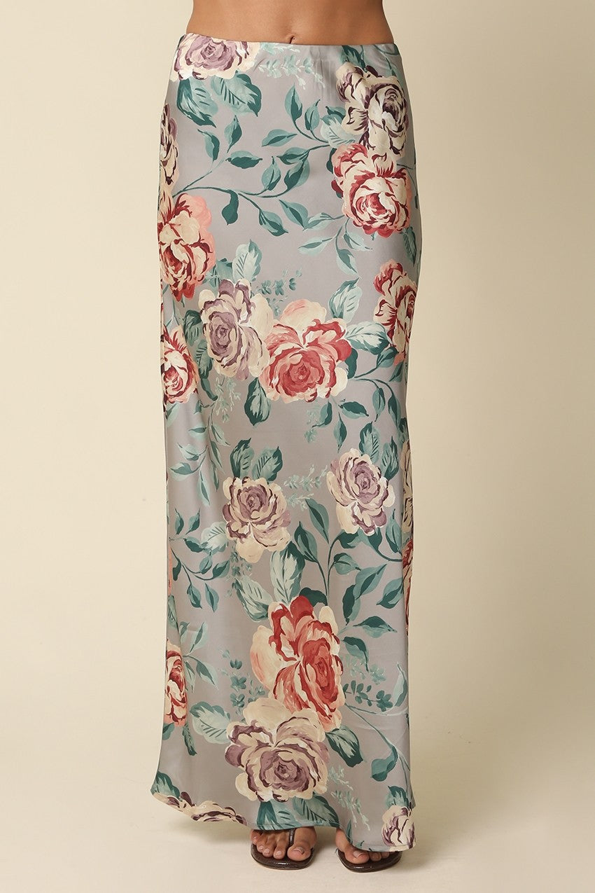 Waitlist  8/20 • Rory High Waist Elegant Floral Print Satin Maxi Skirt Sage
