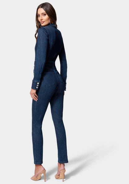 Button Detail Skinny Denim Jumpsuit