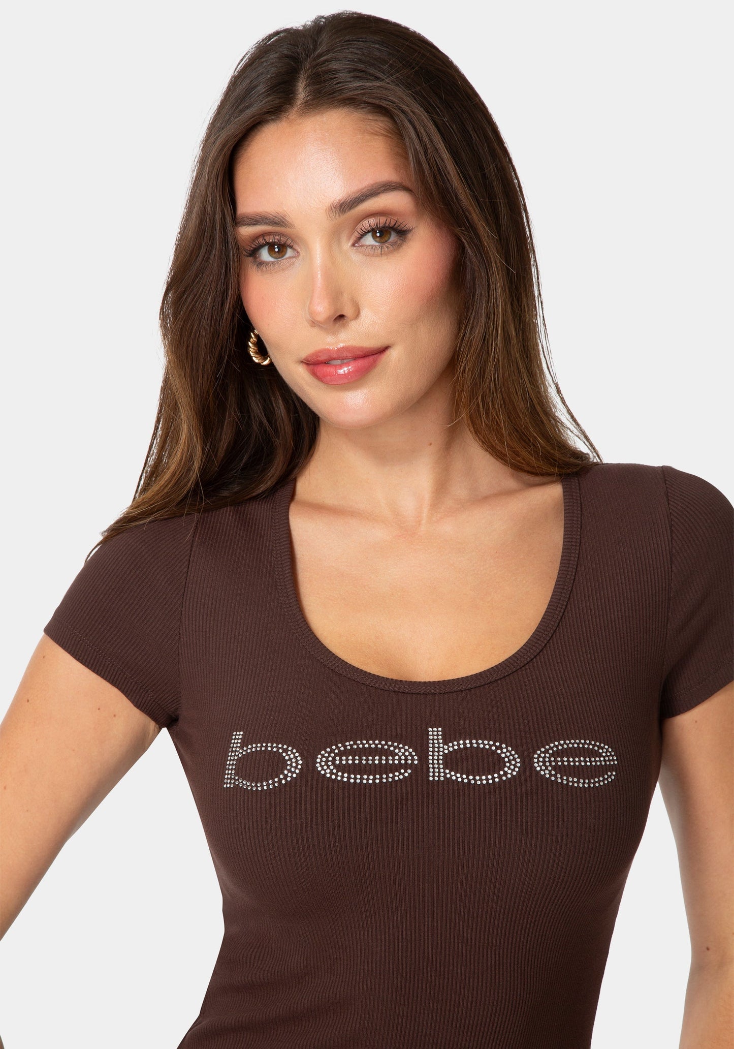 Bebe Logo Short Sleeve Round Neck Rib Top