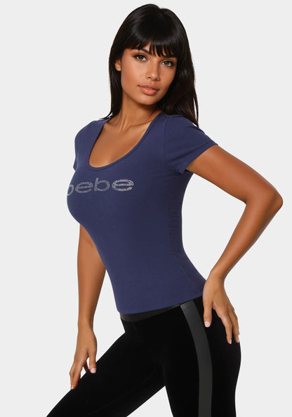Bebe Logo Short Sleeve Round Neck Rib Top