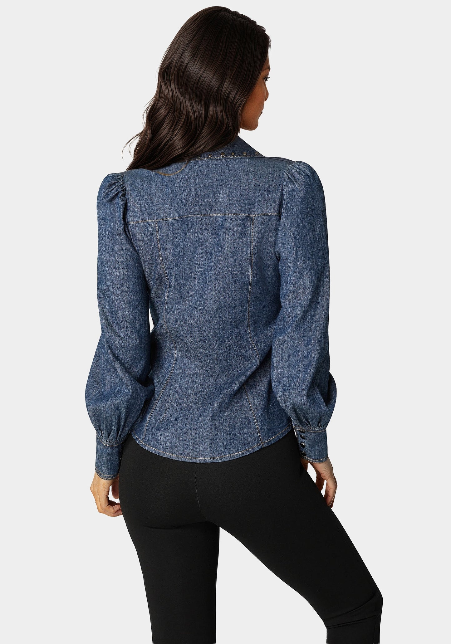 Button Front Studded Collar Denim Shirt