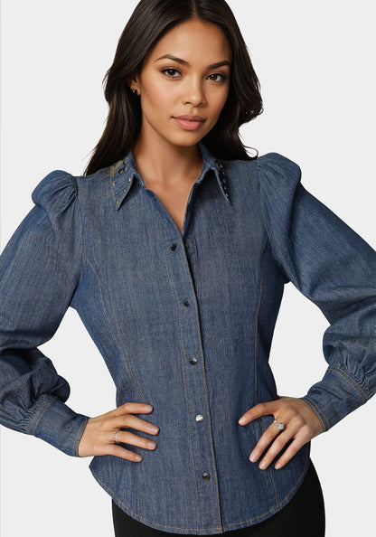 Button Front Studded Collar Denim Shirt