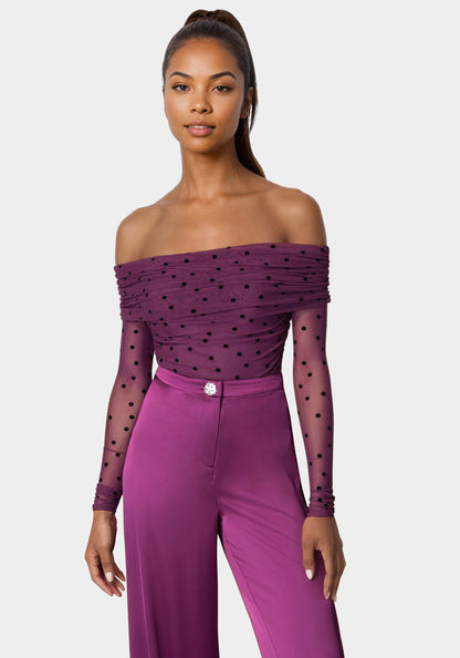 Off Shoulder Flocked Mesh Top