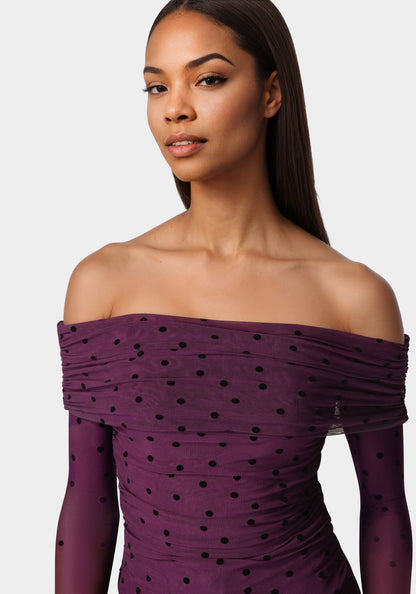 Off Shoulder Flocked Mesh Top