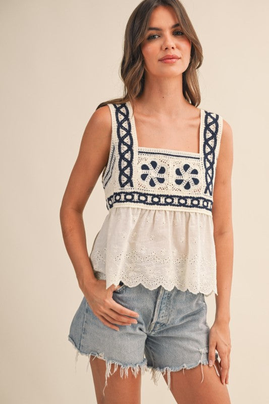 Kenza Sleeveless Crochet Cami Top Cream