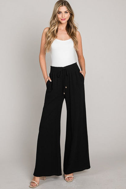 Becky Drawstring Linen Wide Leg Pants Black