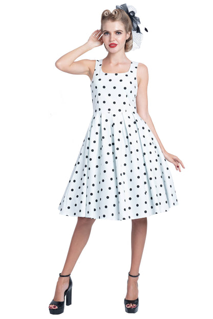 Amanda Scoop Neck Polka Dot Swing Dress in White-Black