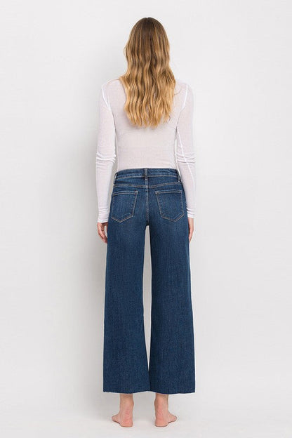 Nellie High Rise Raw Hem Wide Leg Cropped Jeans Dark Wash