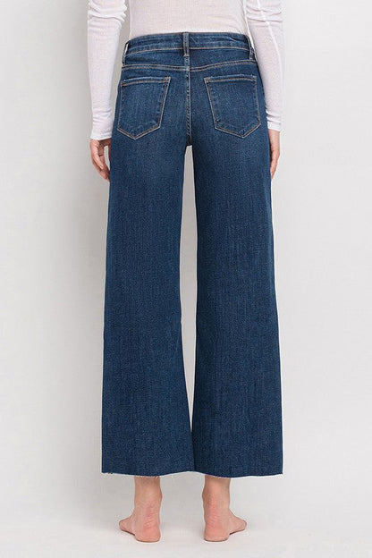 Nellie High Rise Raw Hem Wide Leg Cropped Jeans Dark Wash