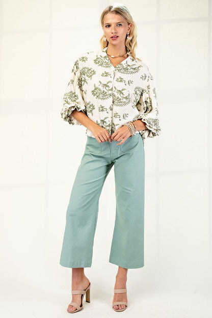 Florence Balloon Sleeve Button Down Printed Top Sage