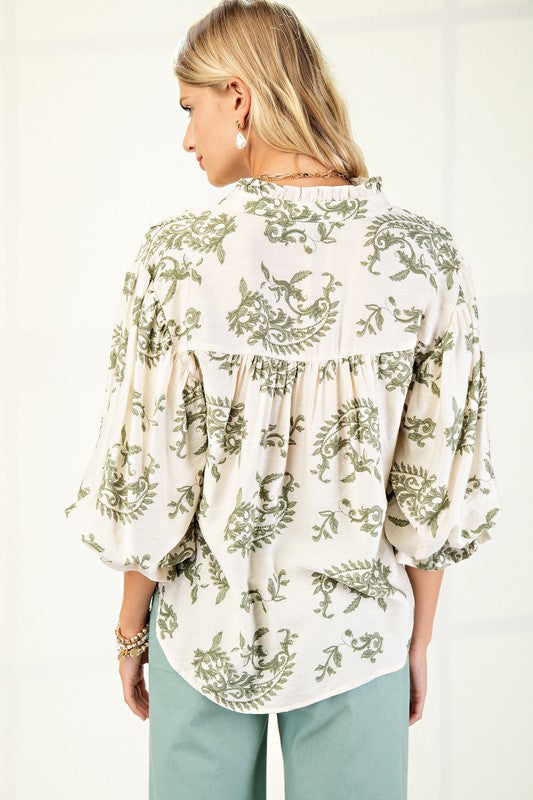 Florence Balloon Sleeve Button Down Printed Top Sage