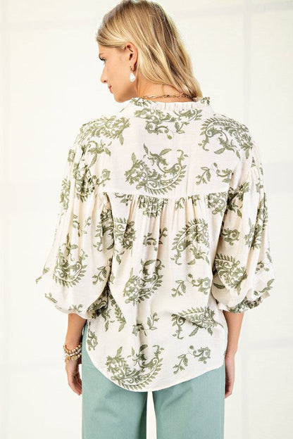 Florence Balloon Sleeve Button Down Printed Top Sage