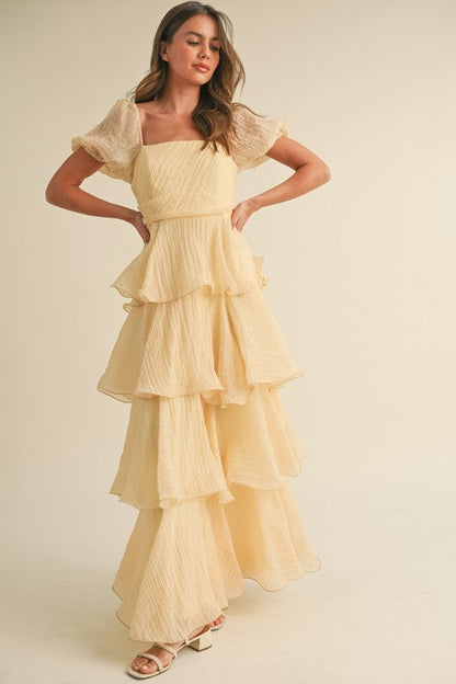 Eden Short Puff Sleeve Tiered Maxi Dress Yellow