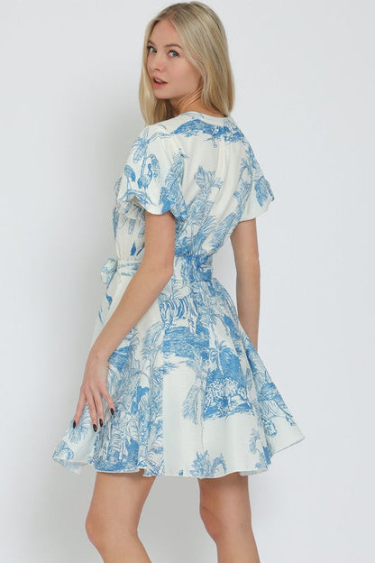 Janet Short Sleeve Belted Button Down Leaf Print Mini Dress Blue