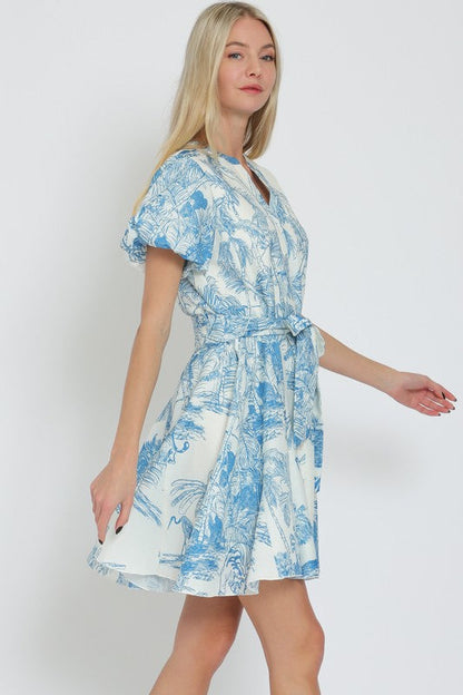 Janet Short Sleeve Belted Button Down Leaf Print Mini Dress Blue