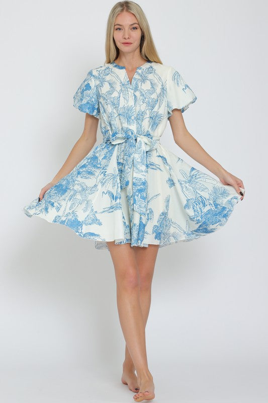 Janet Short Sleeve Belted Button Down Leaf Print Mini Dress Blue