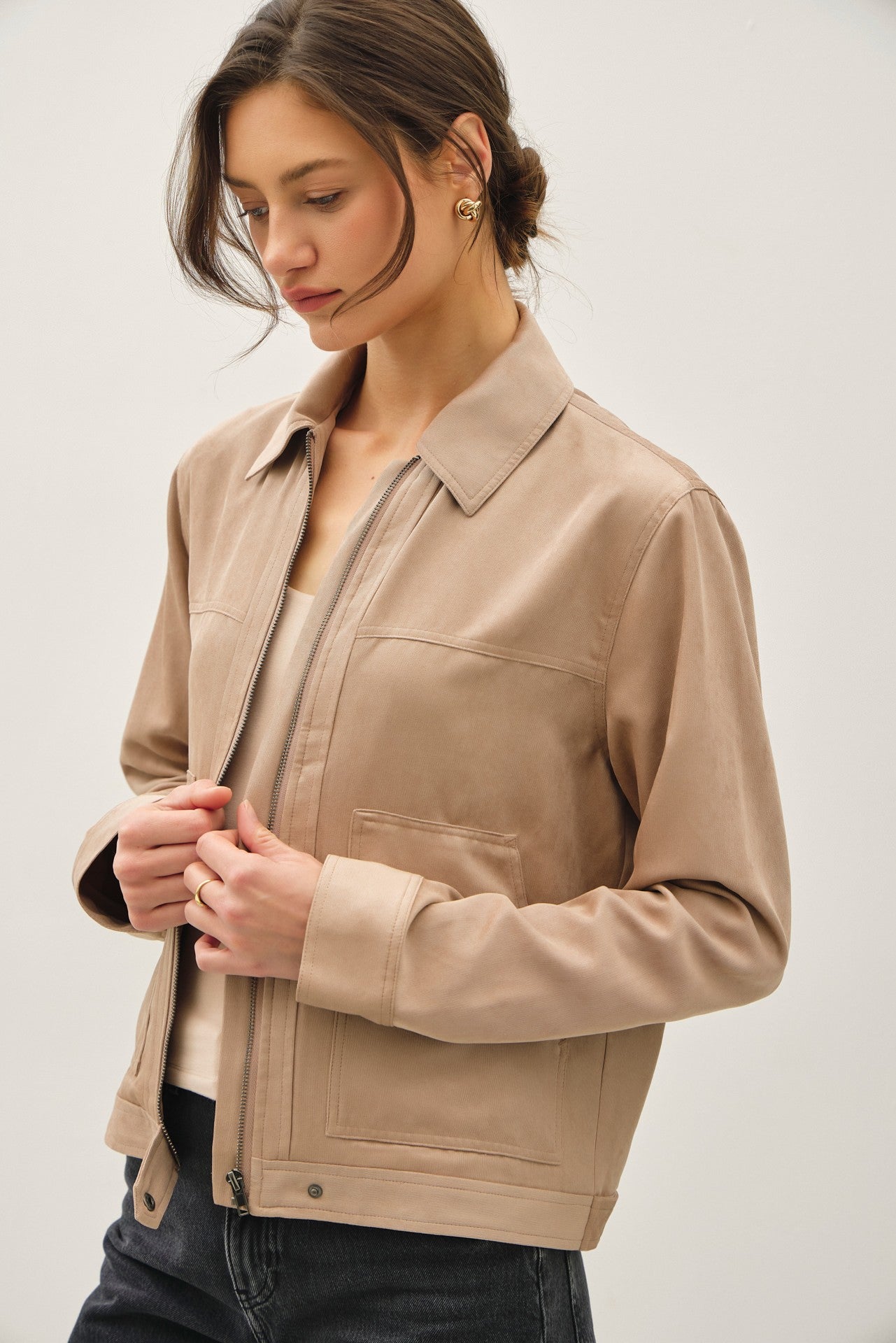 Molly Long Sleeve Faux Suede Jacket Taupe