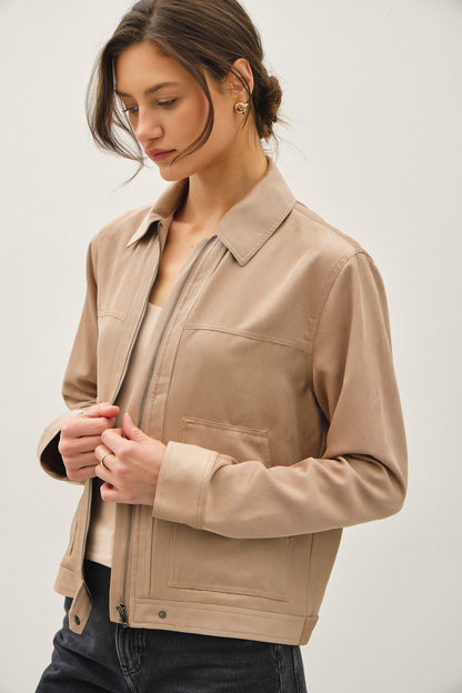 Molly Long Sleeve Faux Suede Jacket Taupe