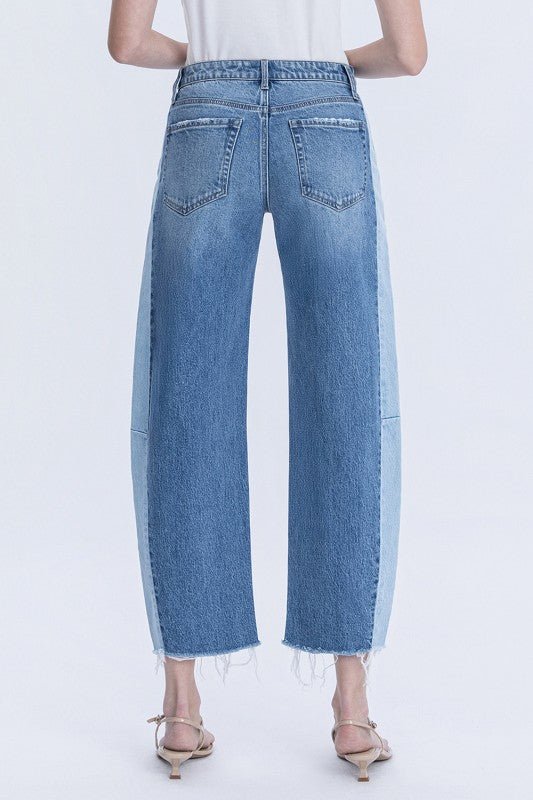 Rachel High Rise Cropped Barrel Two Tone Jeans Medium Wash