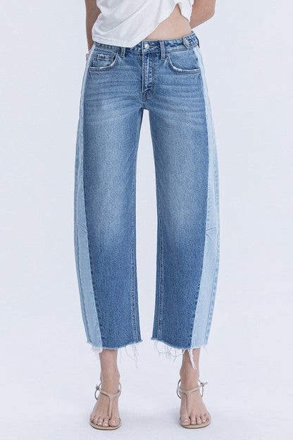 Rachel High Rise Cropped Barrel Two Tone Jeans Medium Wash