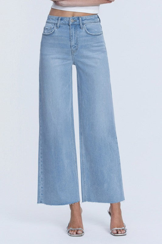 Maudie High Rise Raw Hem Wide Leg Jeans Light Wash