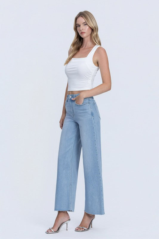 Maudie High Rise Raw Hem Wide Leg Jeans Light Wash