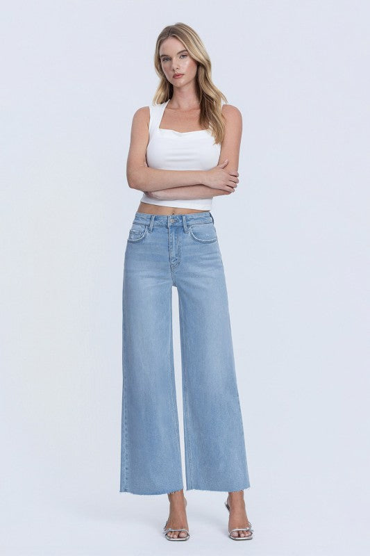Maudie High Rise Raw Hem Wide Leg Jeans Light Wash