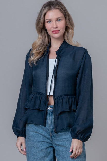 Stellan Long Sleeve Ruffle Tiered Jacket Navy