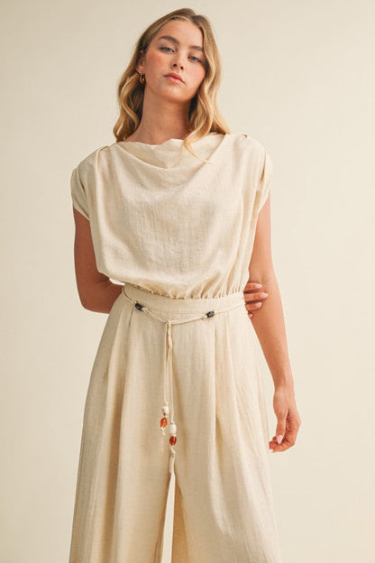 Darya Short Cap Sleeve Waist Tie Wide Leg Woven Jumpsuit Natural
