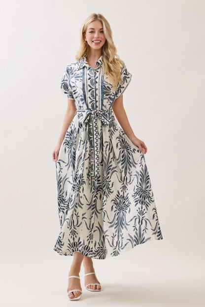Waitlist 6/25 • Jodi Short Sleeve Waist Tie Damask Print Maxi Dress Blue