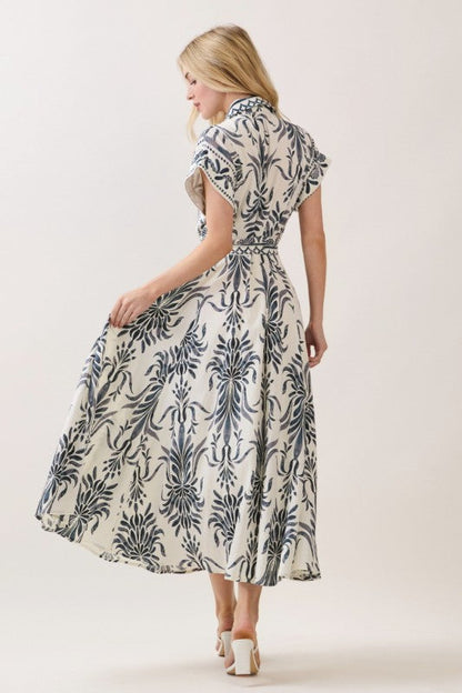 Waitlist 6/25 • Jodi Short Sleeve Waist Tie Damask Print Maxi Dress Blue