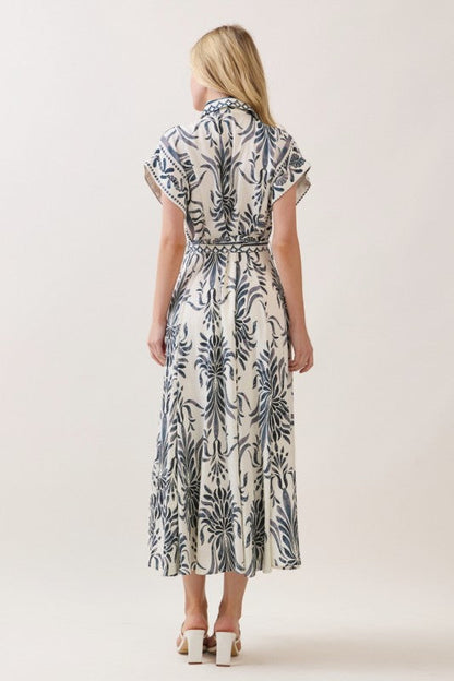 Waitlist 6/25 • Jodi Short Sleeve Waist Tie Damask Print Maxi Dress Blue