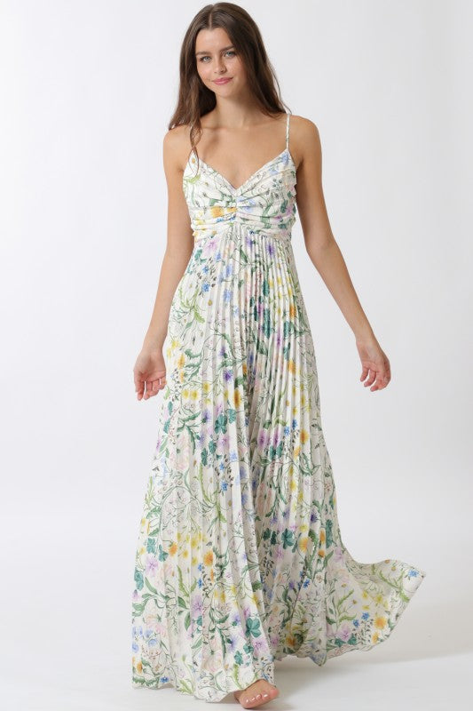 Cambrie Sleeveless Pleated Floral Print Maxi Dress Green