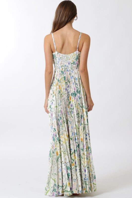 Cambrie Sleeveless Pleated Floral Print Maxi Dress Green