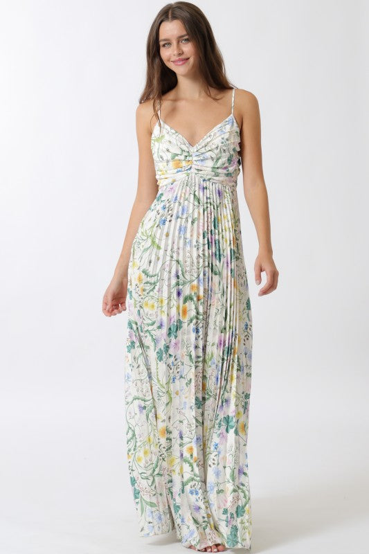 Cambrie Sleeveless Pleated Floral Print Maxi Dress Green