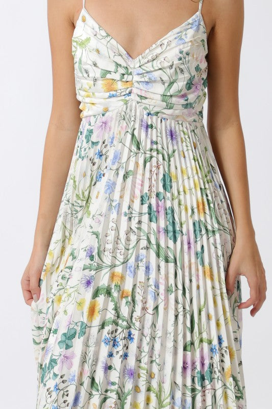 Cambrie Sleeveless Pleated Floral Print Maxi Dress Green