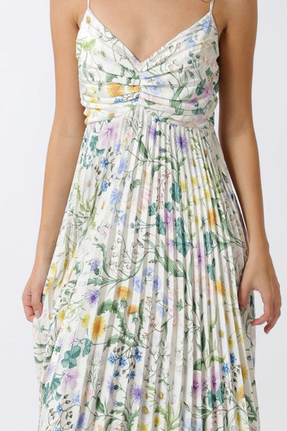 Cambrie Sleeveless Pleated Floral Print Maxi Dress Green