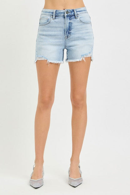 Lioran High Rise Frayed Hem Distressed Denim Shorts Light Wash
