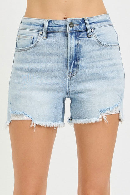 Lioran High Rise Frayed Hem Distressed Denim Shorts Light Wash