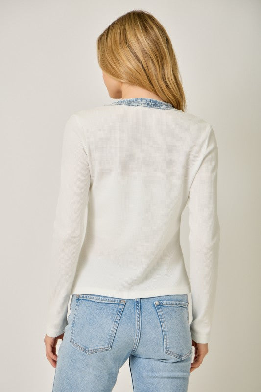 Wren Long Sleeve Denim Mix Knit Top White
