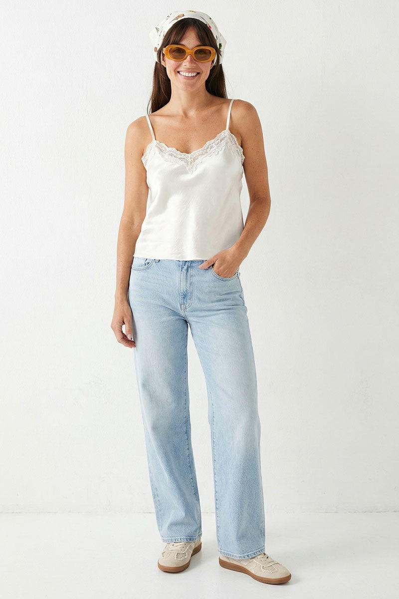 Reba Sleeveless Lace Trim Satin Cami Top White