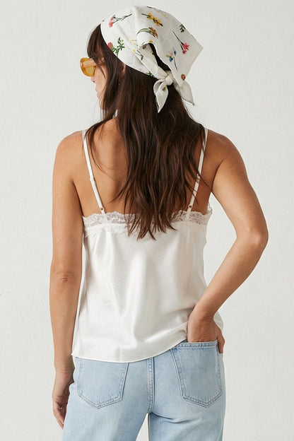 Reba Sleeveless Lace Trim Satin Cami Top White