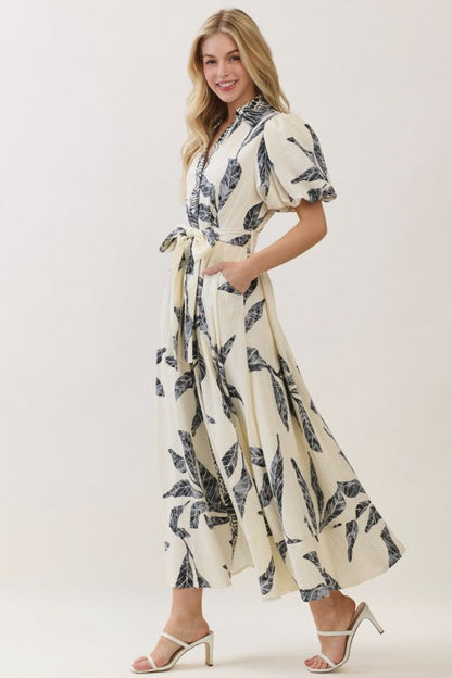 Emmeline Short Bubble Sleeve Waist Tie Abstract Print Maxi Dress Navy