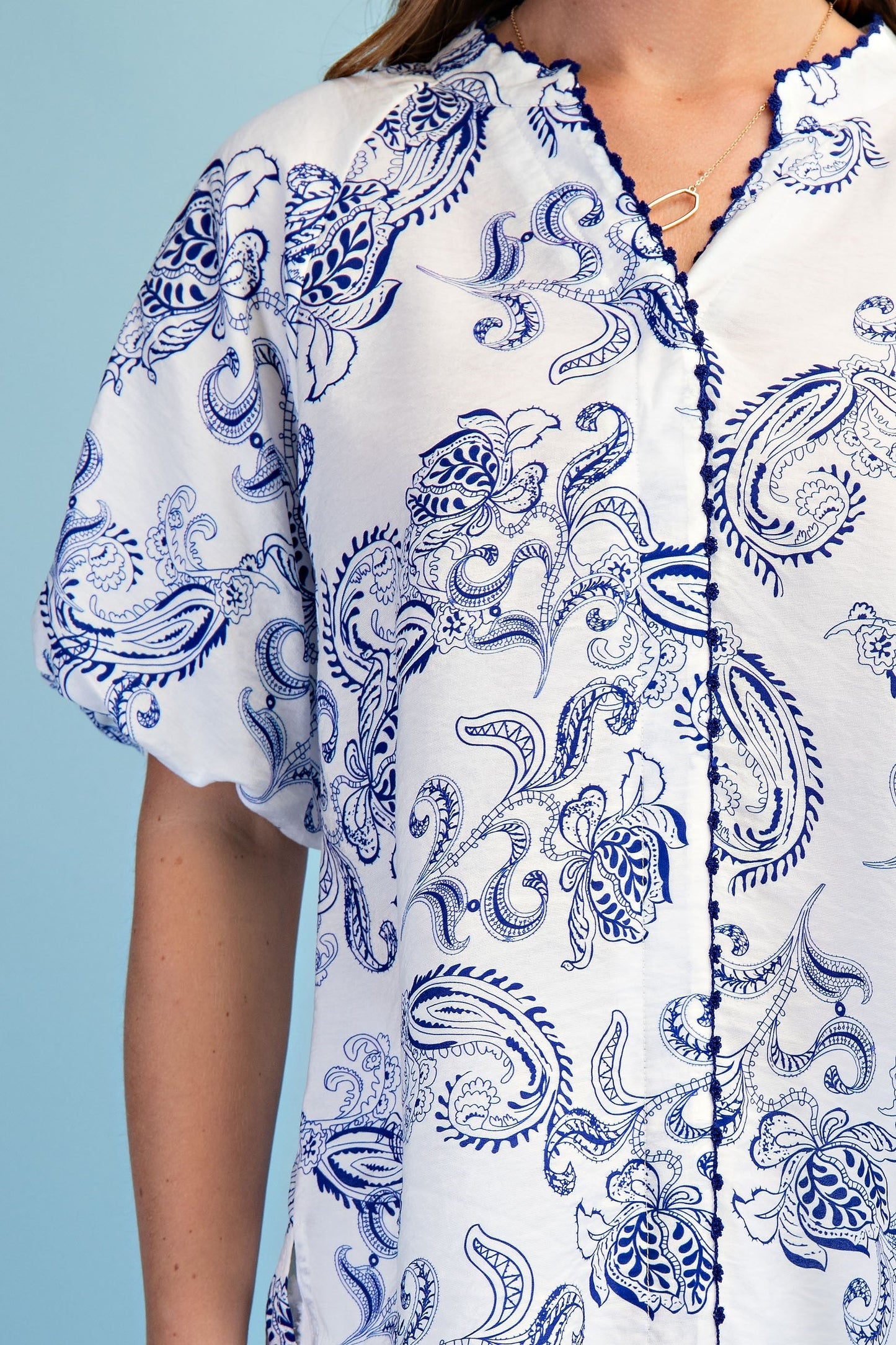 Shirley Short Bubble Sleeve Button Down Paisley Print Top Blue