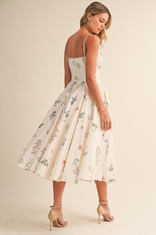 Kelly Sleeveless Floral Print Midi Dress Cream