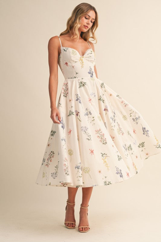 Kelly Sleeveless Floral Print Midi Dress Cream