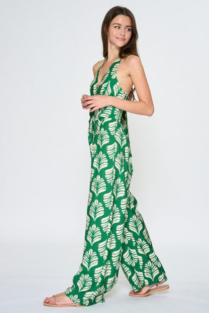 Farida Sleeveless Halter Leaf Print Wide Leg Jumpsuit Green